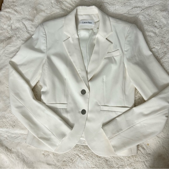 Calvin Klein White Luxe Stretch 2 Button Notch Lapel Long Sleeve Blazer 2 - Picture 2 of 6